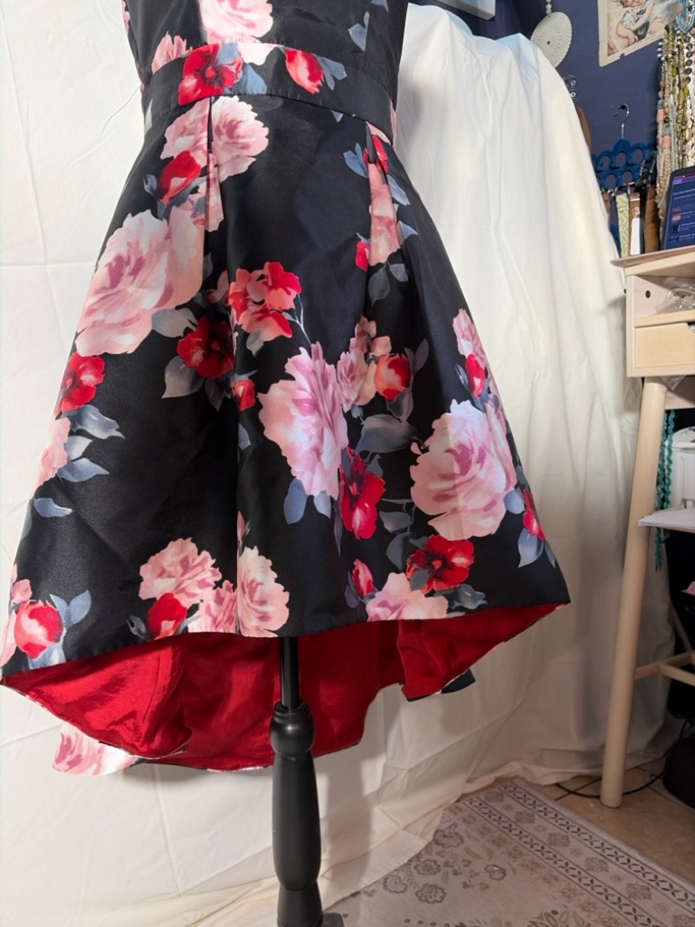 Trixxi Floral Halter Fit & Flare Dress Decorative Bow Back Black Pink Small - Picture 6 of 7